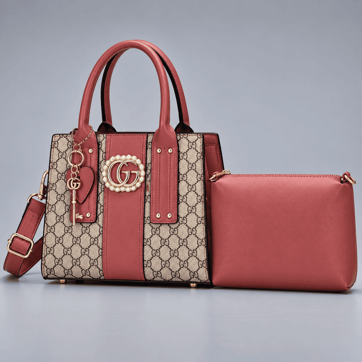 Women's Monogram Print Structured Handbag and Pouch Set