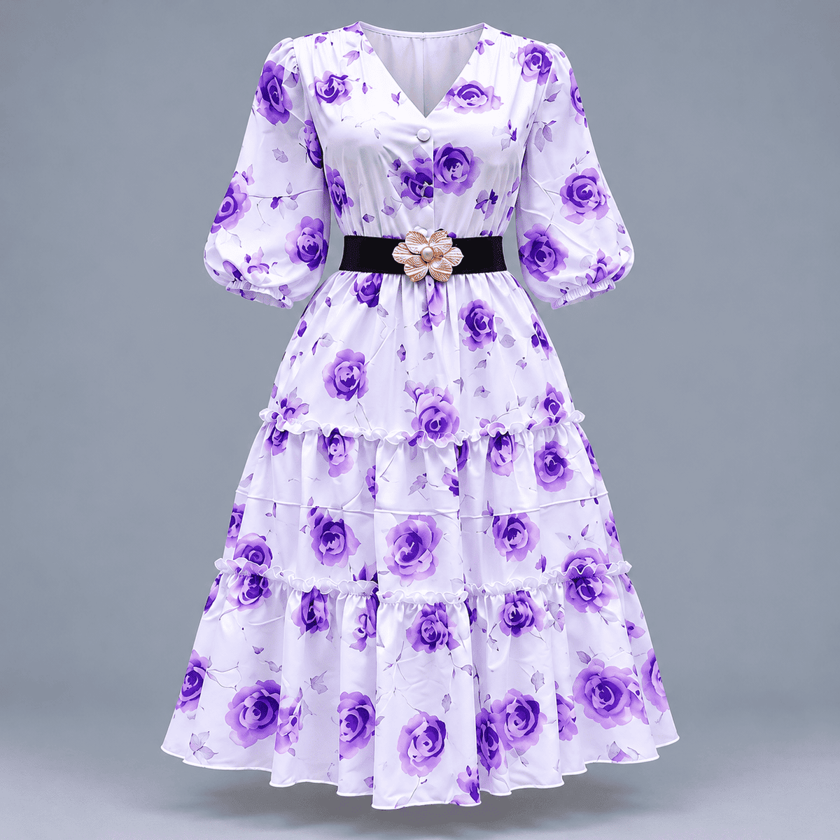 Women's Floral Print Belted Midi Dress